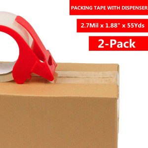 2-Pack Clear Packing Tape with Dispenser-2.7mil x 1.88″ x 55Y Heavy Duty Packing Tape for Moving Boxes-Moving Tape Strong Adhesive Packaging Tape.